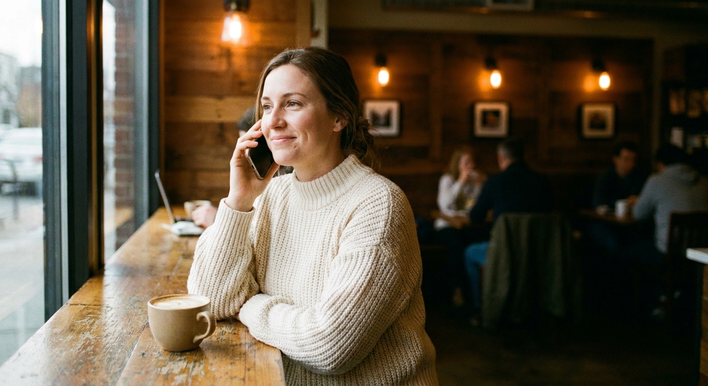 A woman talking on the phone in a sunlit café