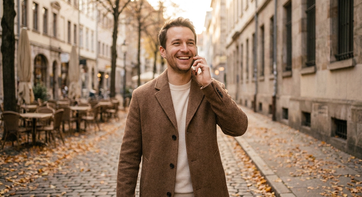 A man having a phone conversation on an autumn city street